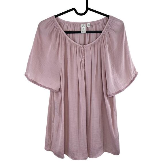 Joie Blouse Women's Medium Silky Satin Henley Blush Mauve Embroidered Sleeves - Picture 1 of 7